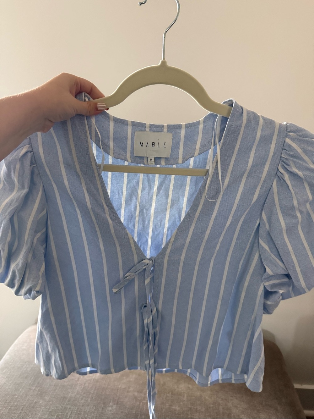 Mable Light Blue & White Striped Tie-Front Puff Sleeve Crop Top
